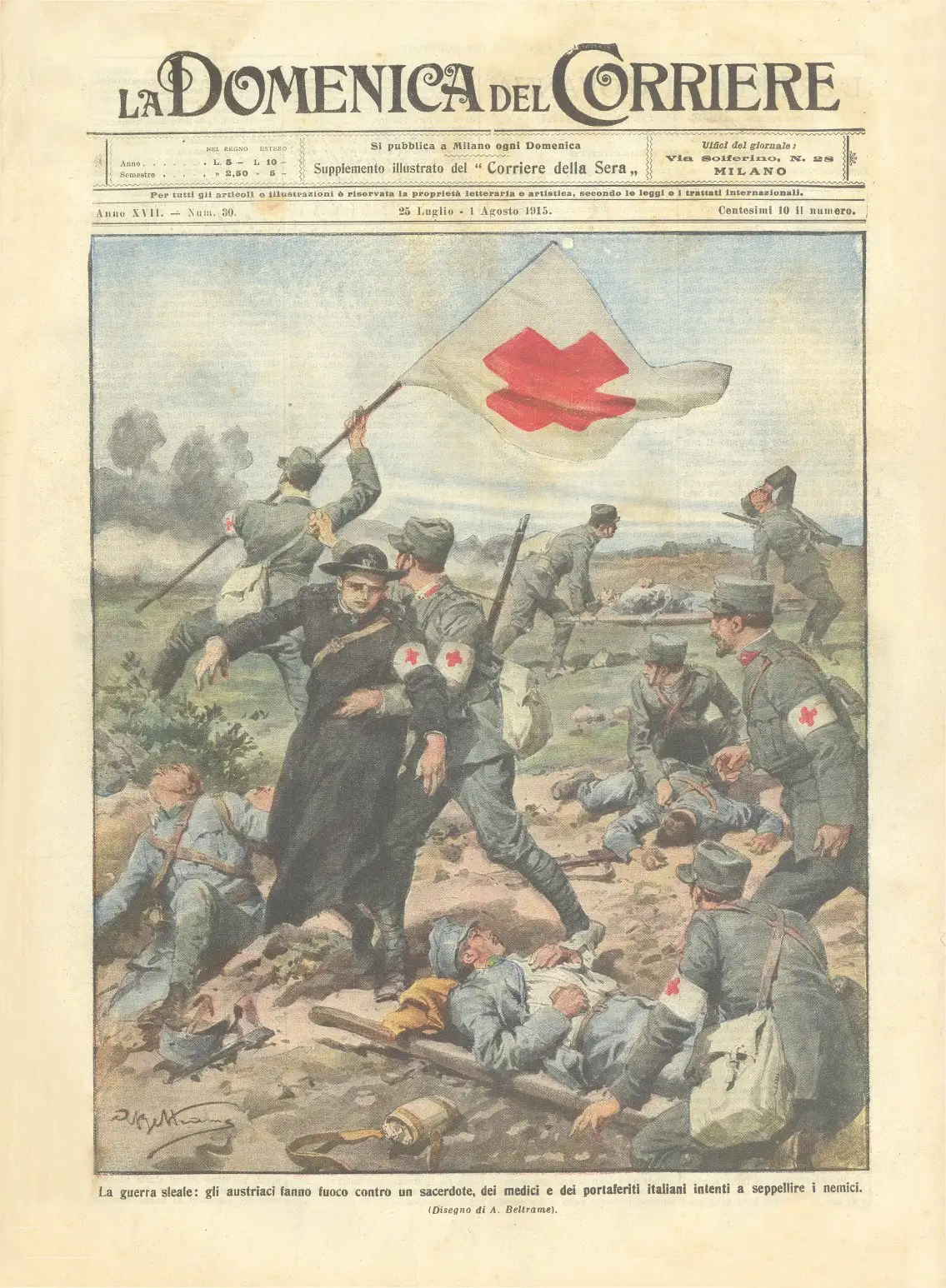 Cover of the Italian magazine La Domenica del Corriere, 1915 — Austrian troops firing on Italian medics and a priest