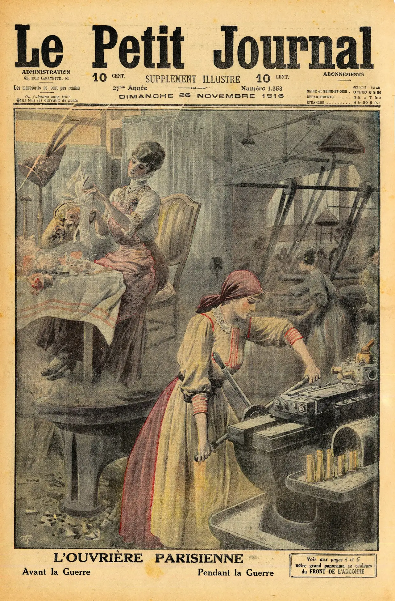 Cover of Le Petit Journal supplément illustré, 26 November 1916 — the Parisian working woman before and during the war