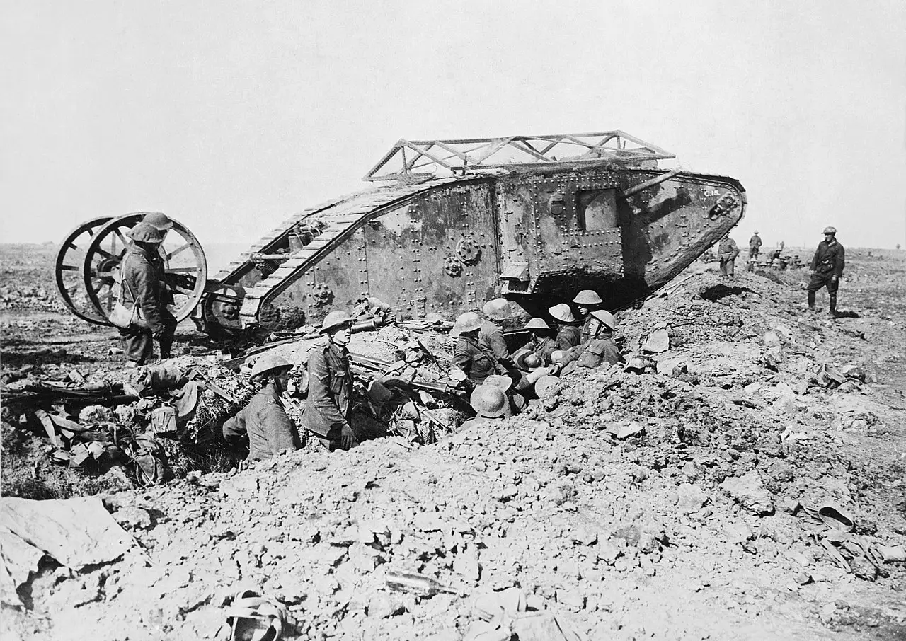 A British Mark I (male) tank on the Somme, 25 September 1916