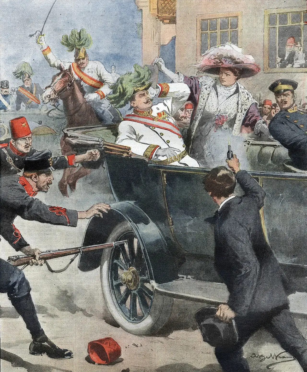 Cover of the Italian magazine Domenica del Corriere depicting the Sarajevo assassination, 12 July 1914