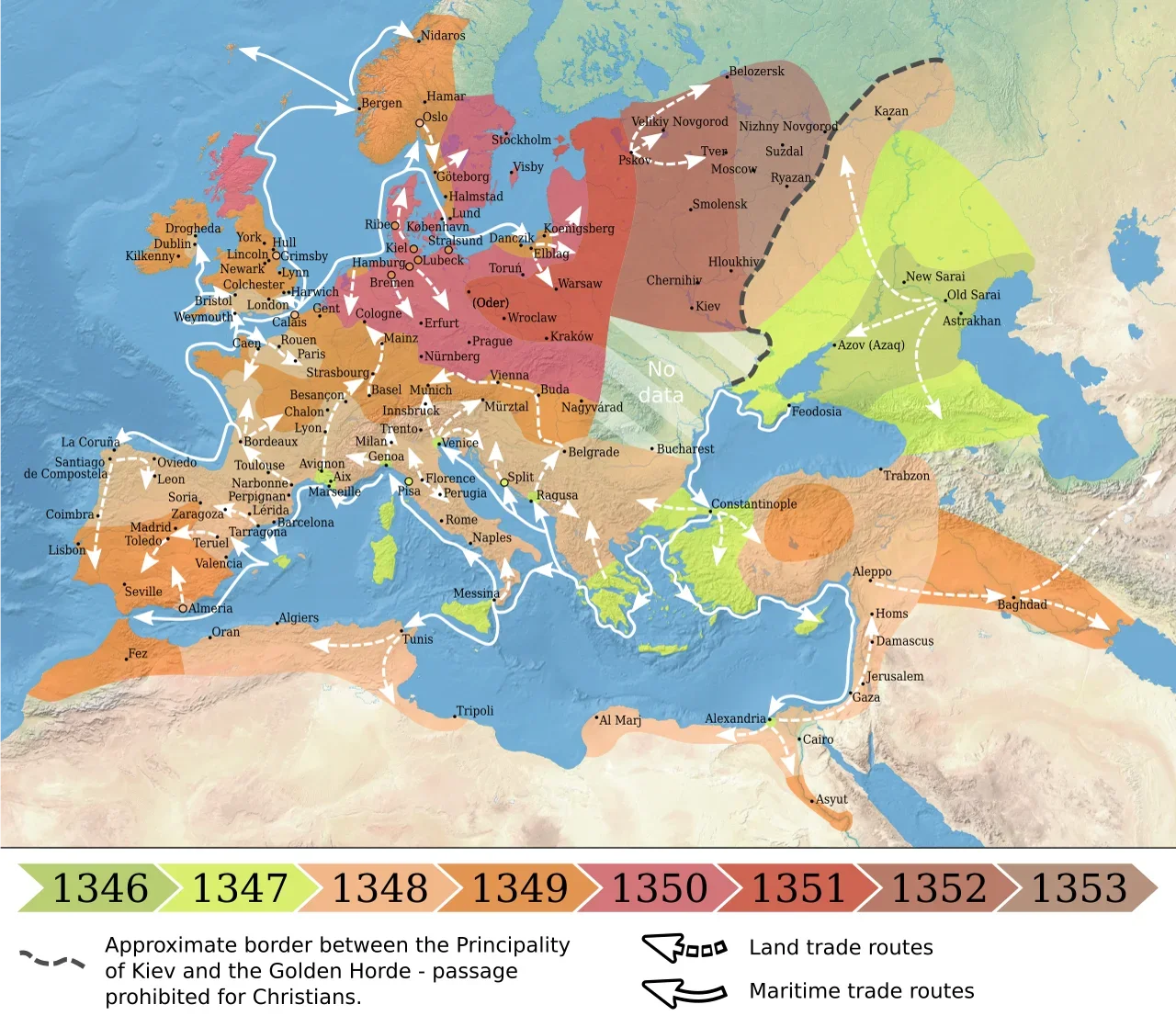 Map of the spread of the Black Death in Europe, 1347—1353