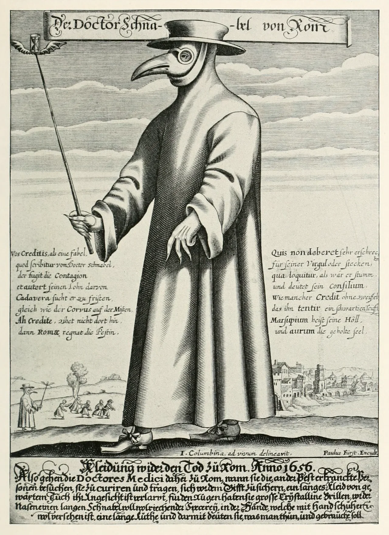 A plague doctor in a beak mask — 17th-century engraving